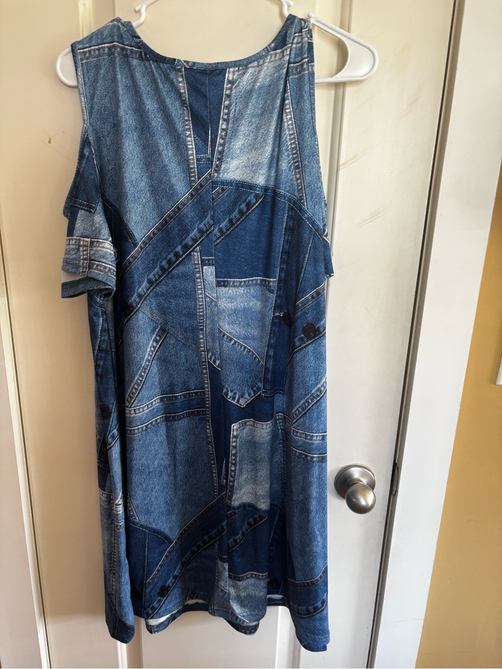 SHEIN Blue Patchwork Denim-Print Midi Dress
